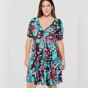 Torrid Mini Studio Knit Cinch Front Skater Dress Butterfly Teal Pink Size 10
